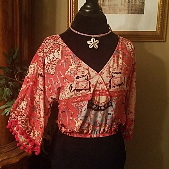 Aqua Tops - Gorgeous wrapped cropped top w bell sleeves / pompom Orangy Summer Boho Chic